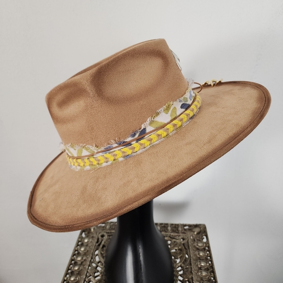 Light Tan Faux Suede Sun Hat with Crystal Gem and Fabric Band - Picture 6 of 10